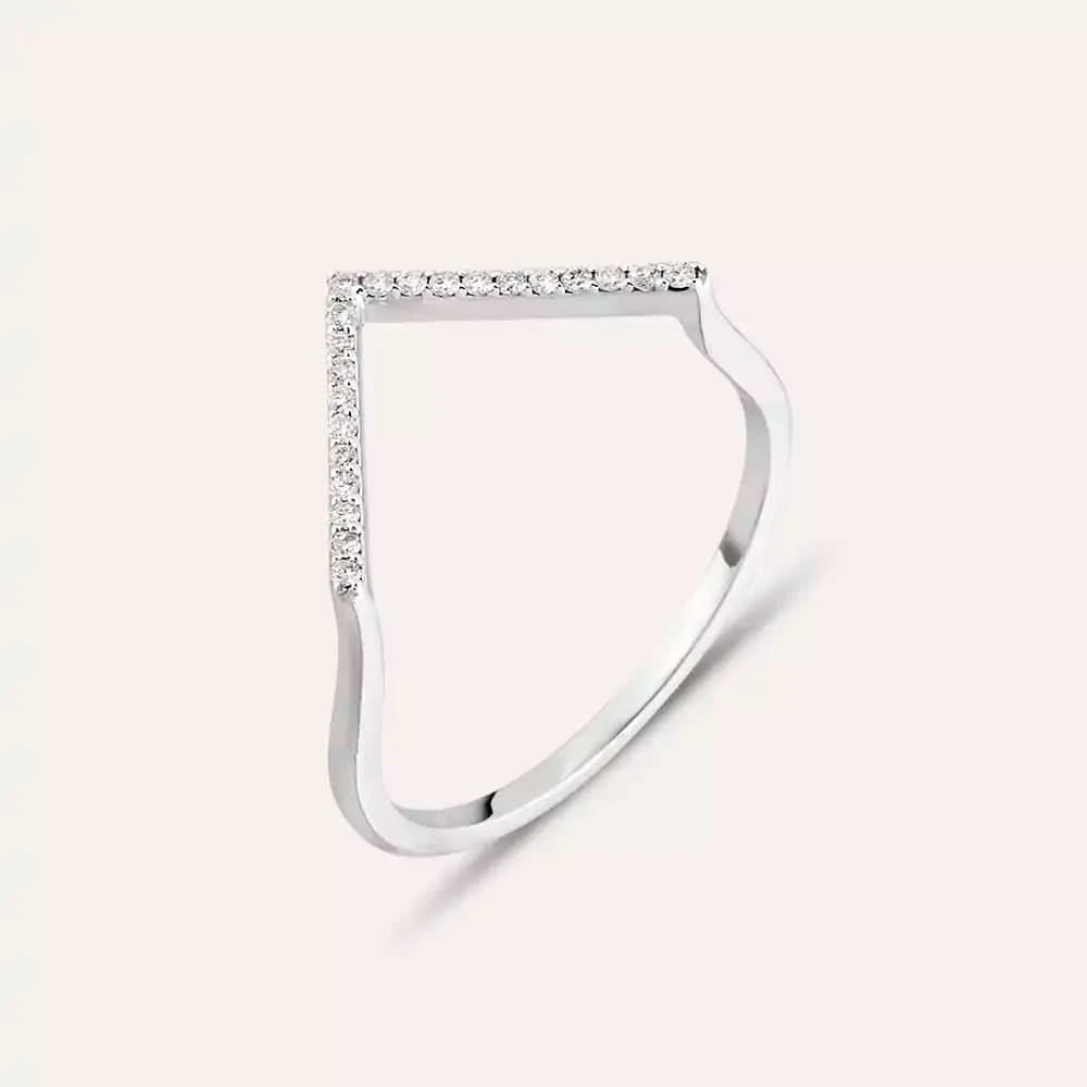 Pırlanta Taşlı Beyaz Altın Minimal V Yüzük