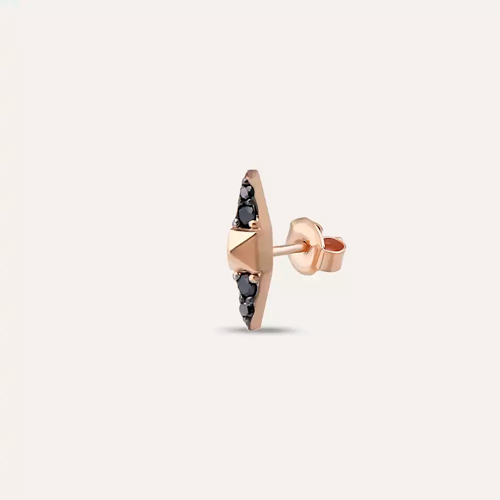 Pointed Siyah Pırlanta Taşlı Rose Altın Tek Küpe