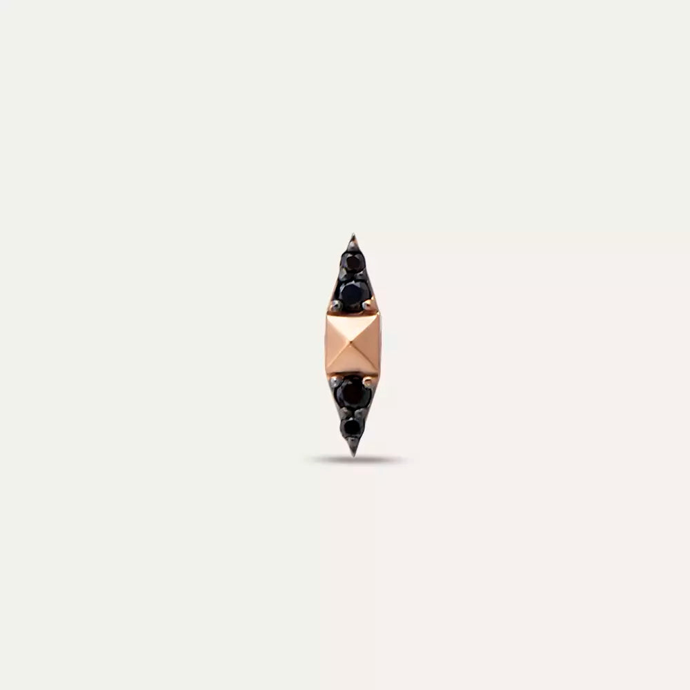 Pointed Siyah Pırlanta Taşlı Rose Altın Tek Küpe