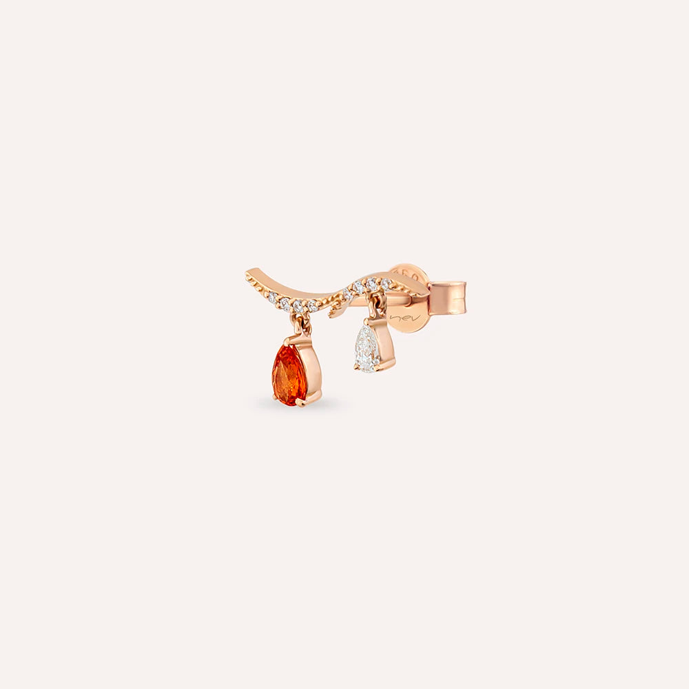 Pyxis Orange Safir ve Pırlanta Taşlı Rose Altın Tek Küpe