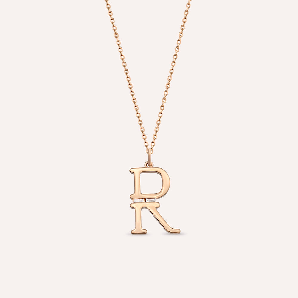 R Harf 0.03 CT Baget Pırlanta Taşlı Rose Altın Kolye