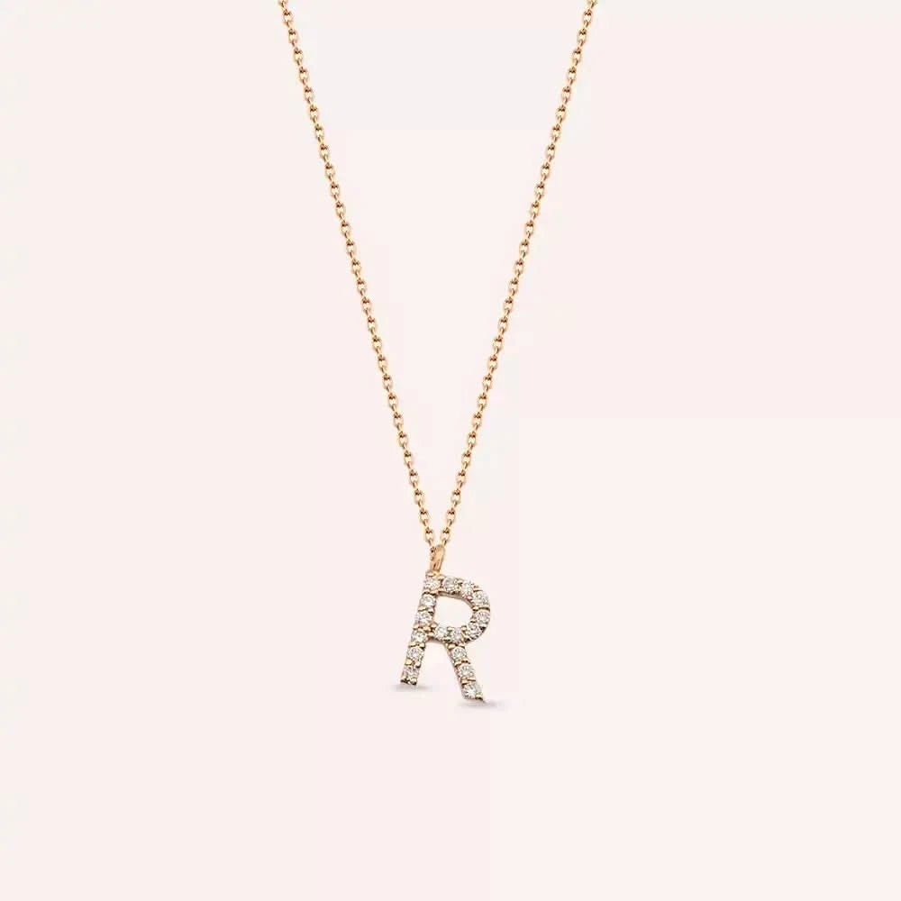 R Harf 0.10 CT Pırlanta Taşlı Rose Altın Kolye