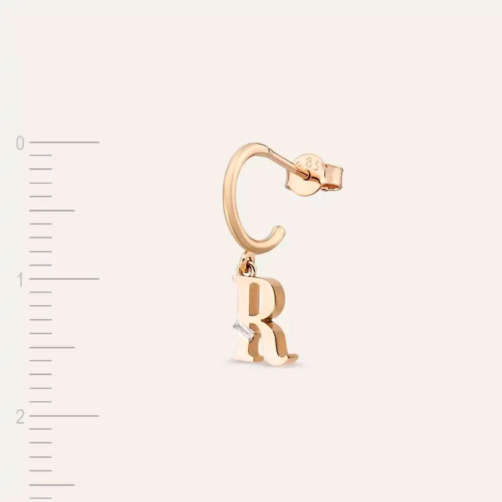 R Harf Pırlanta Taşlı Rose Altın Tek Küpe