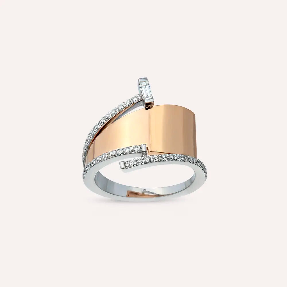 Rivet 0.37 CT Baget Kesim Pırlanta Taşlı Rose ve Beyaz Altın Yüzük