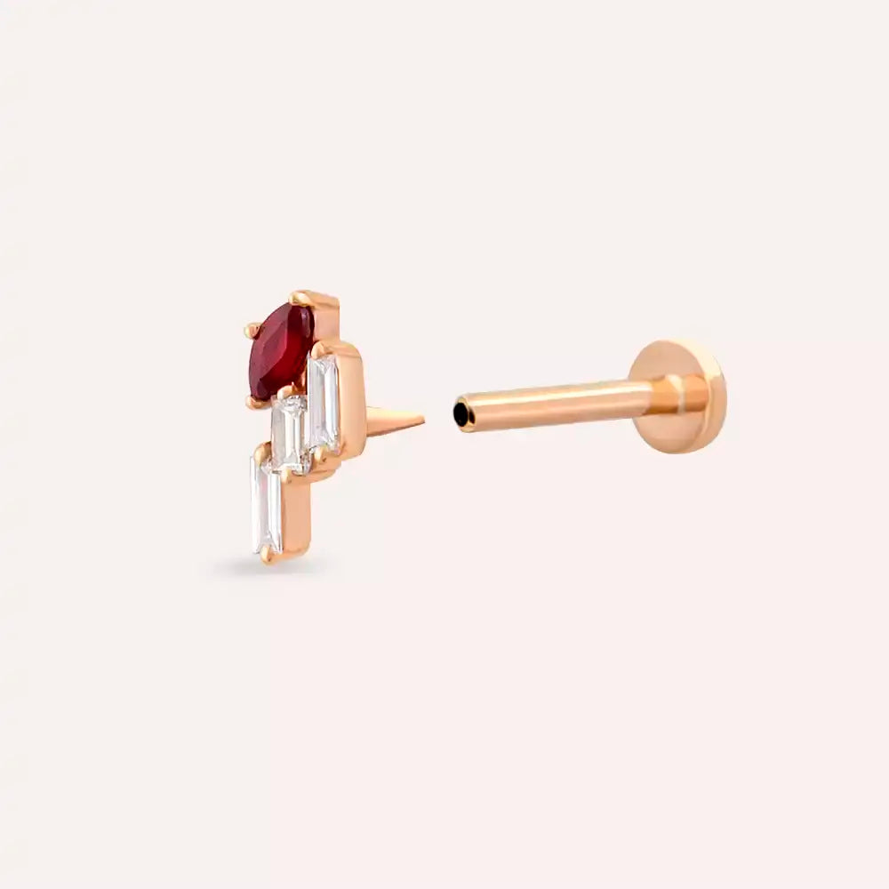 Rossa Red Safir ve Pırlanta Taşlı Rose Altın Piercing