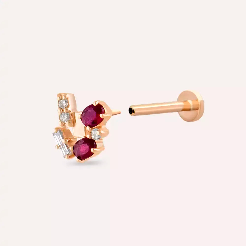 Rubi Yakut ve Pırlanta Taşlı Rose Altın Piercing