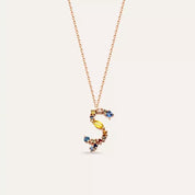 Ş Harf Brown Pırlanta ve Multicolor Safir Taşlı Rose Altın Kolye