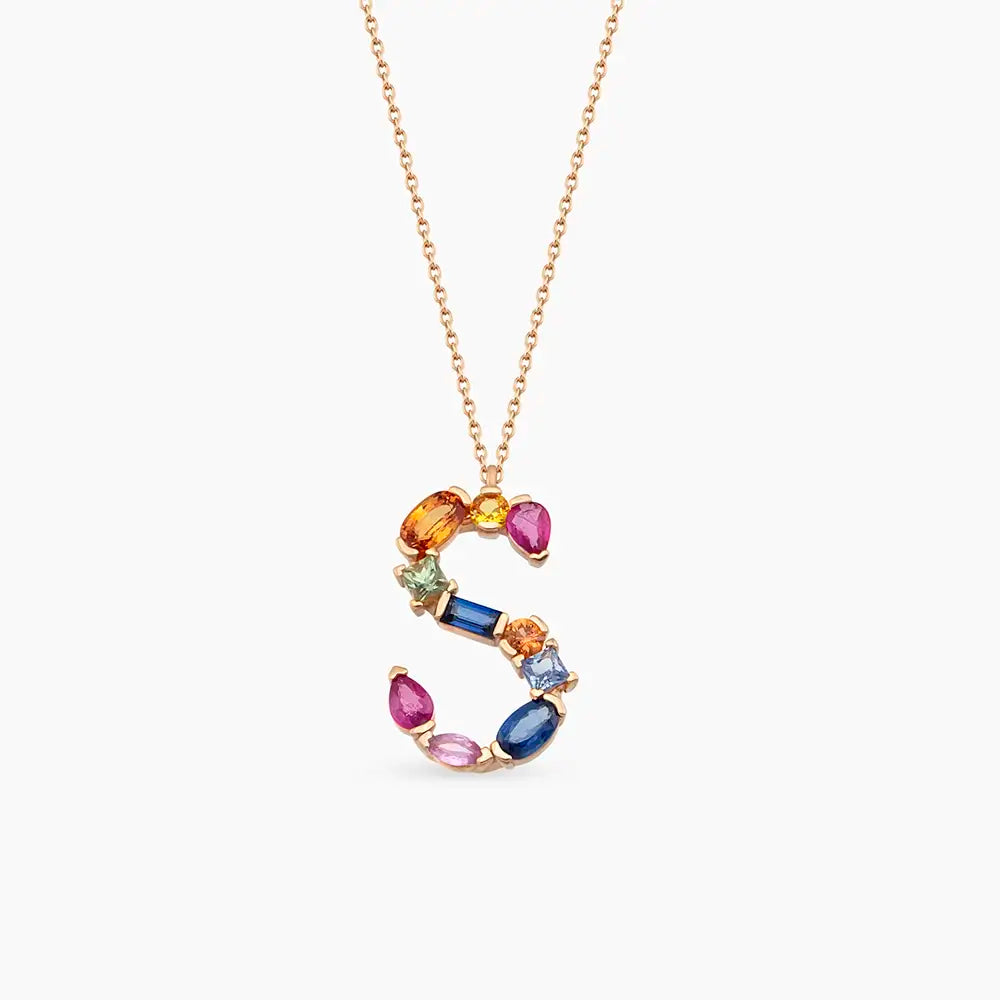 S Harf Multicolor Safir Taşlı Rose Altın Kolye