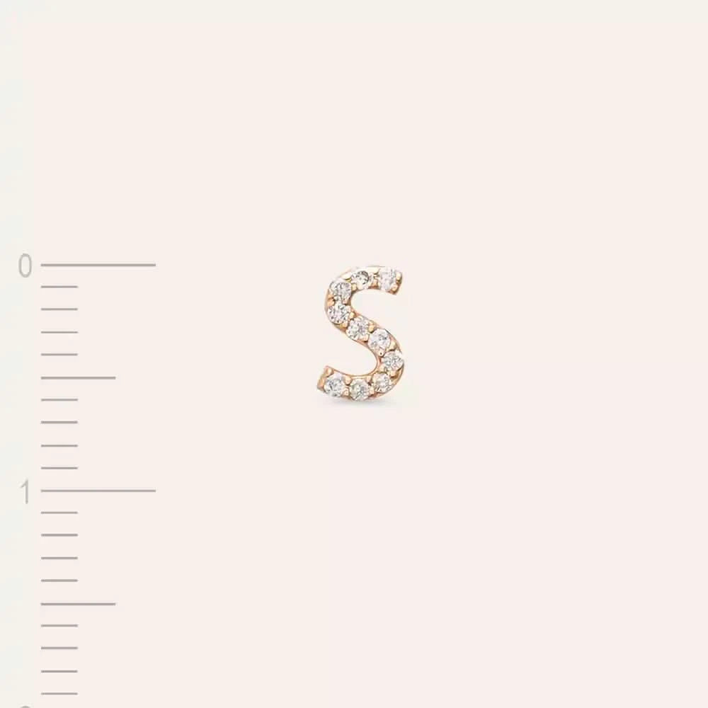 S Harf Pırlanta Taşlı Rose Altın Tek Küpe