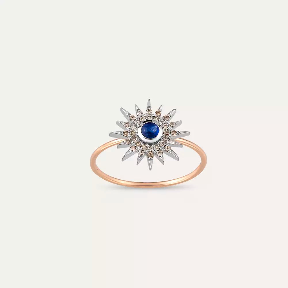 Safir ve Brown Pırlanta Taşlı Rose Altın Yüzük