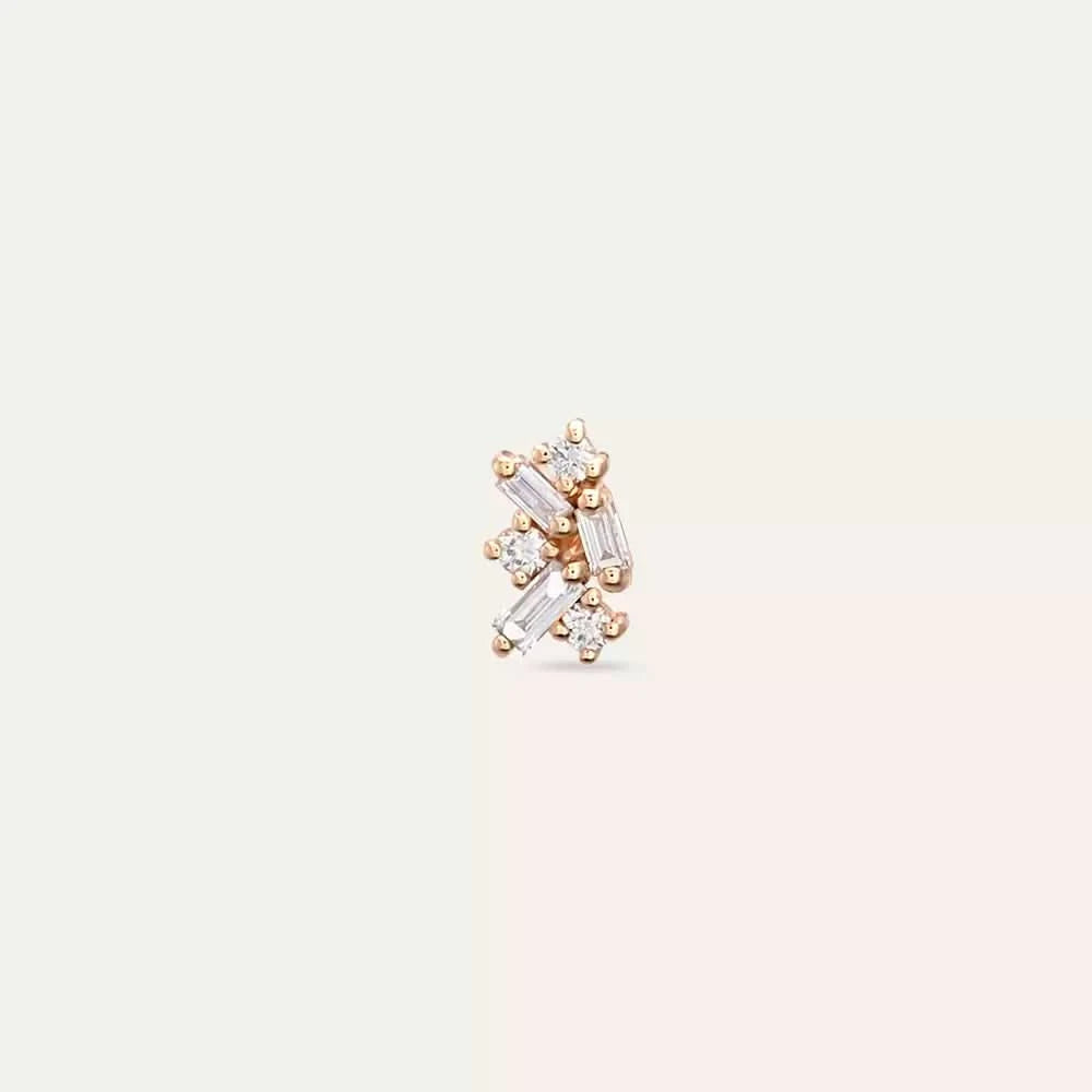 Seed 0.10 CT Baget Pırlanta Taşlı Rose Altın Mini Tek Küpe