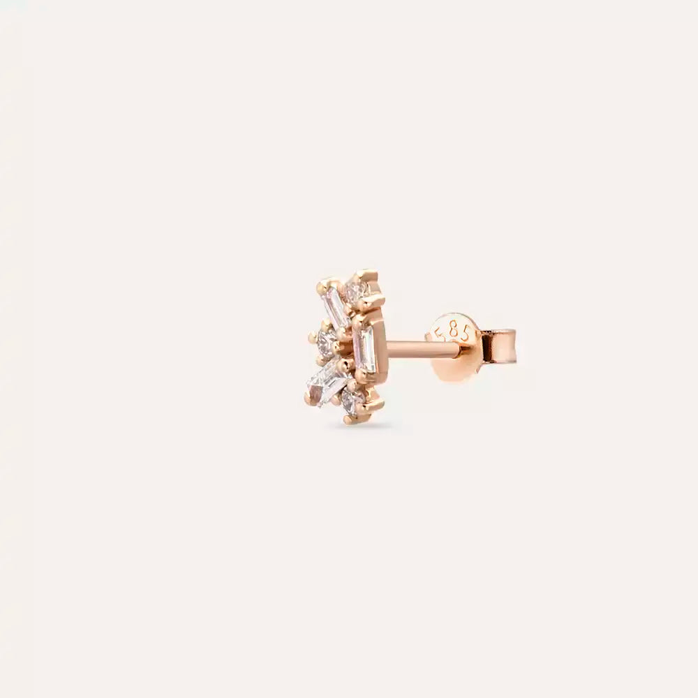Seed 0.10 CT Baget Pırlanta Taşlı Rose Altın Mini Tek Küpe