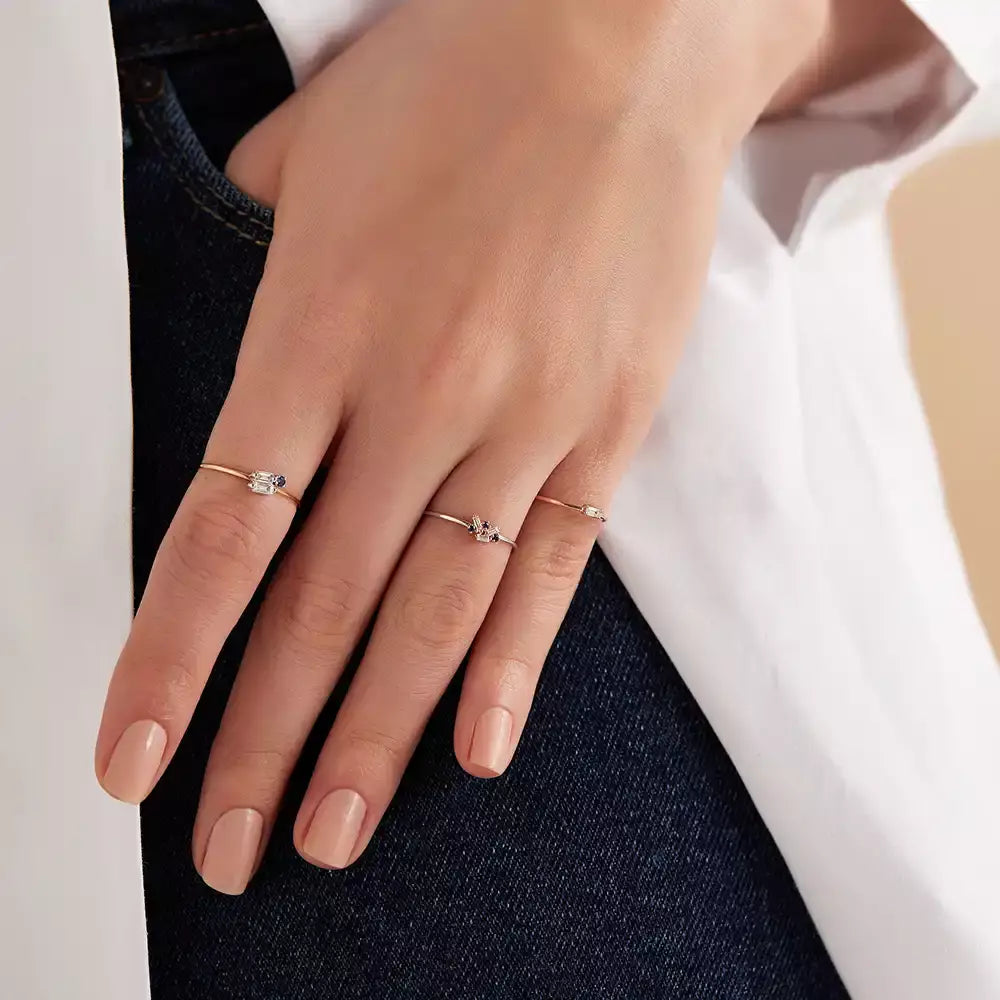 Micra 0.17 CT Blue Safir ve Baget Pırlanta Taşlı Yüzük