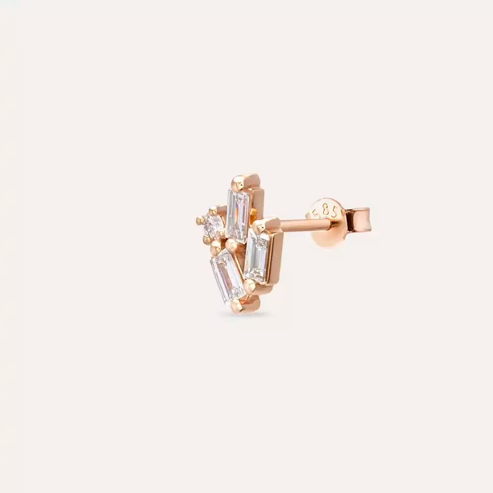 Seed 0.20 CT Baget Pırlanta Taşlı Rose Altın Mini Tek Küpe