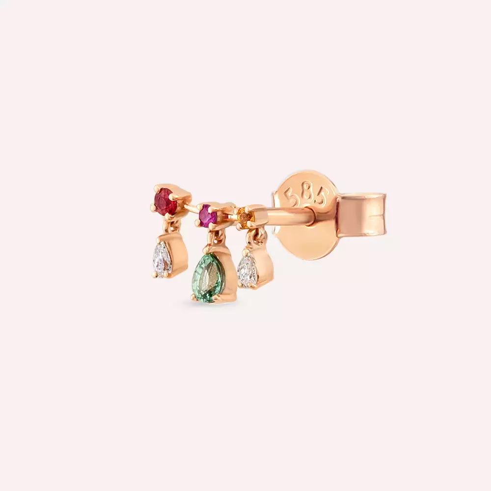 Shake Pırlanta ve Multicolor Safir Taşlı Rose Altın Tek Küpe