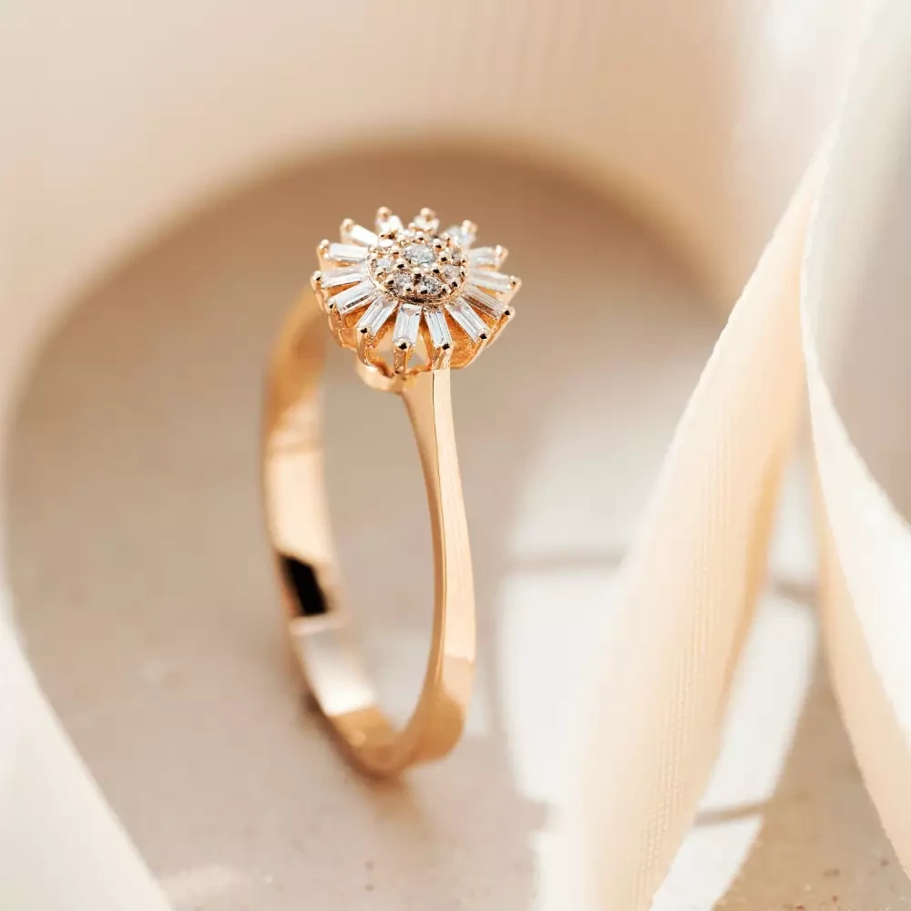 Shiny Baget Kesim Pırlanta Taşlı Rose Altın Yüzük