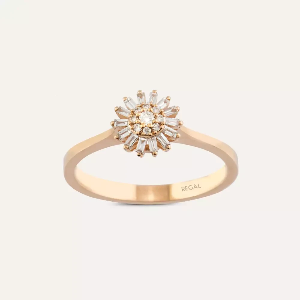 Shiny Baget Kesim Pırlanta Taşlı Rose Altın Yüzük
