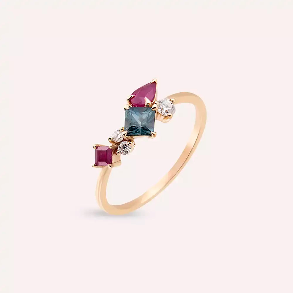 Candy 0.97 CT Yakut ve Multicolor Safir Taşlı Rose Altın Yüzük
