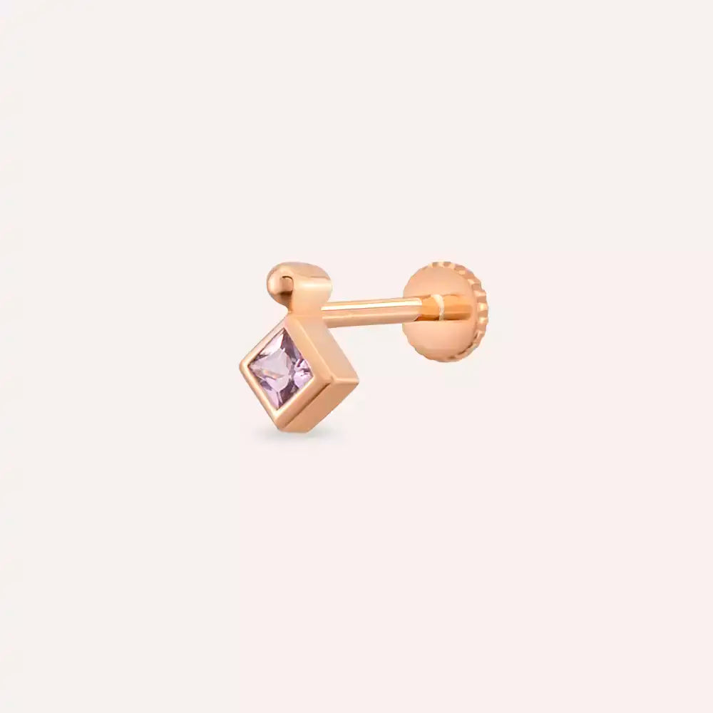 Simple Pink Safir Taşlı Rose Altın Piercing