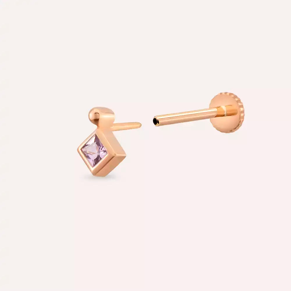Simple Pink Safir Taşlı Rose Altın Piercing
