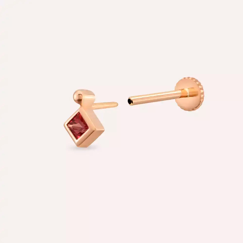 Simple Red Safir Taşlı Rose Altın Piercing