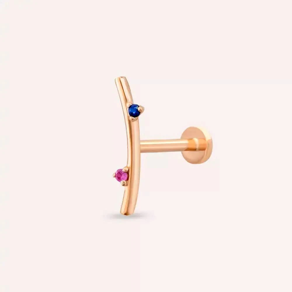 Steep Pink ve Blue Safir Taşlı Rose Altın Piercing