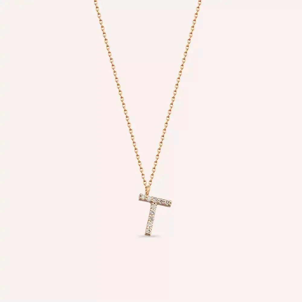 T Harf 0.07 CT Pırlanta Taşlı Rose Altın Kolye