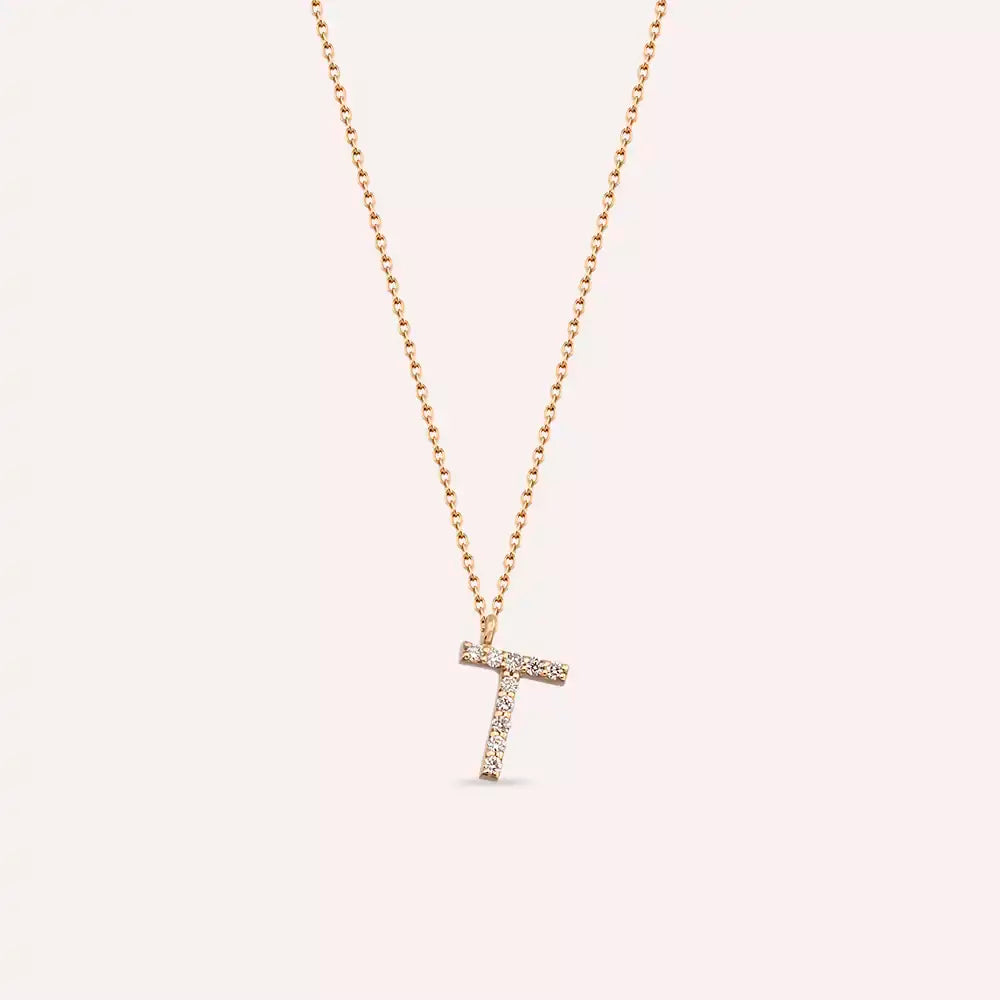 T Harf 0.06 CT Pırlanta Taşlı Rose Altın Kolye
