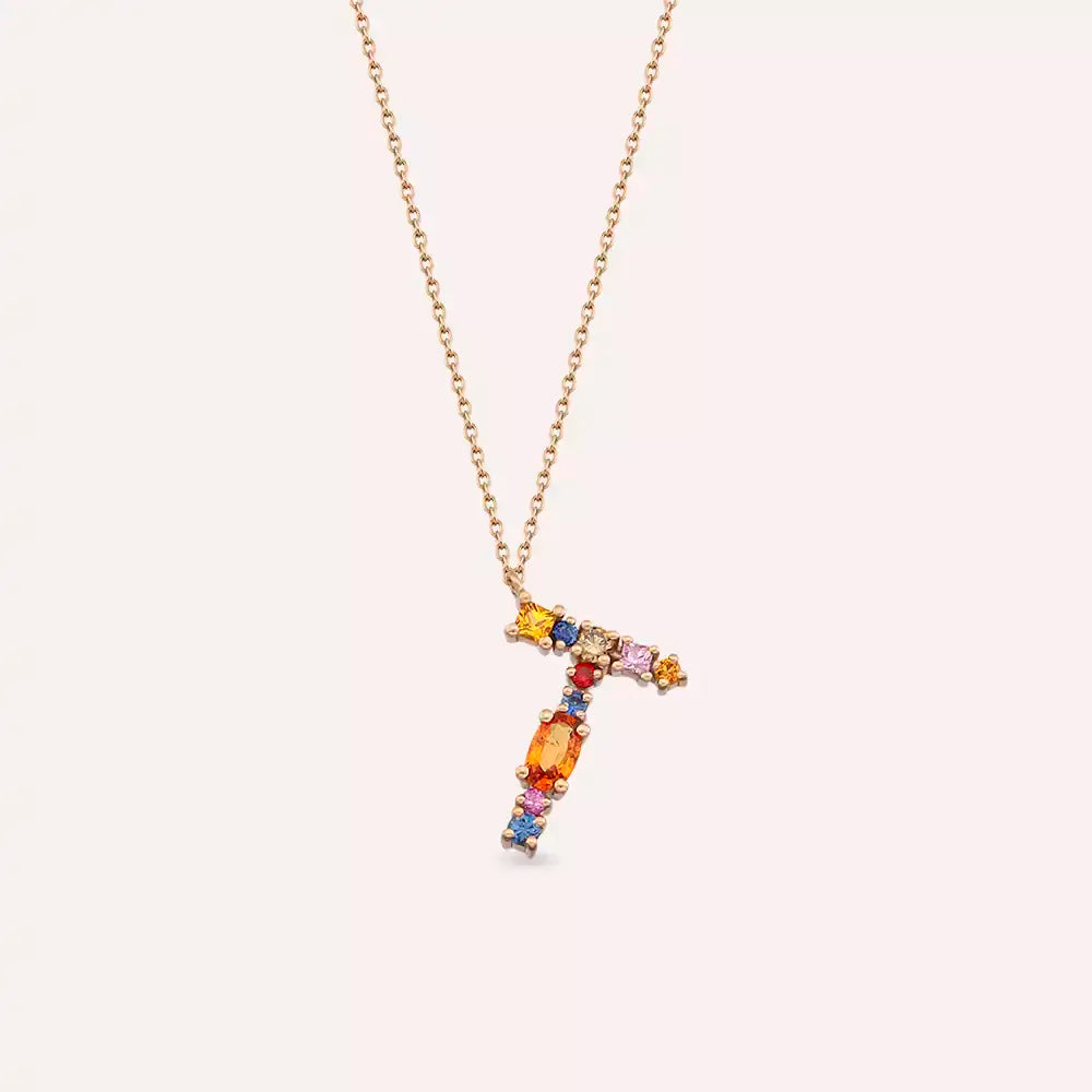 T Harf Brown Pırlanta ve Multicolor Safir Taşlı Rose Altın Kolye
