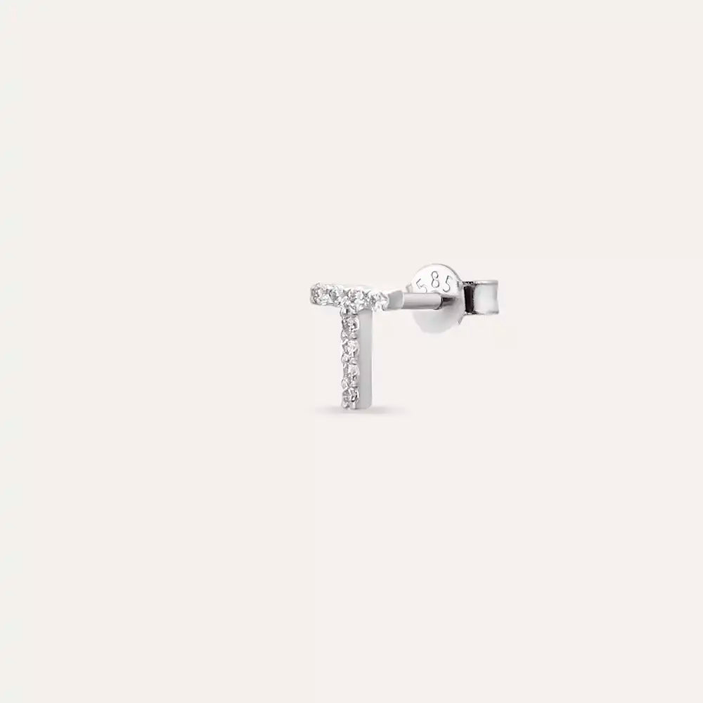 T Harf Pırlanta Taşlı Beyaz Altın Tek Küpe