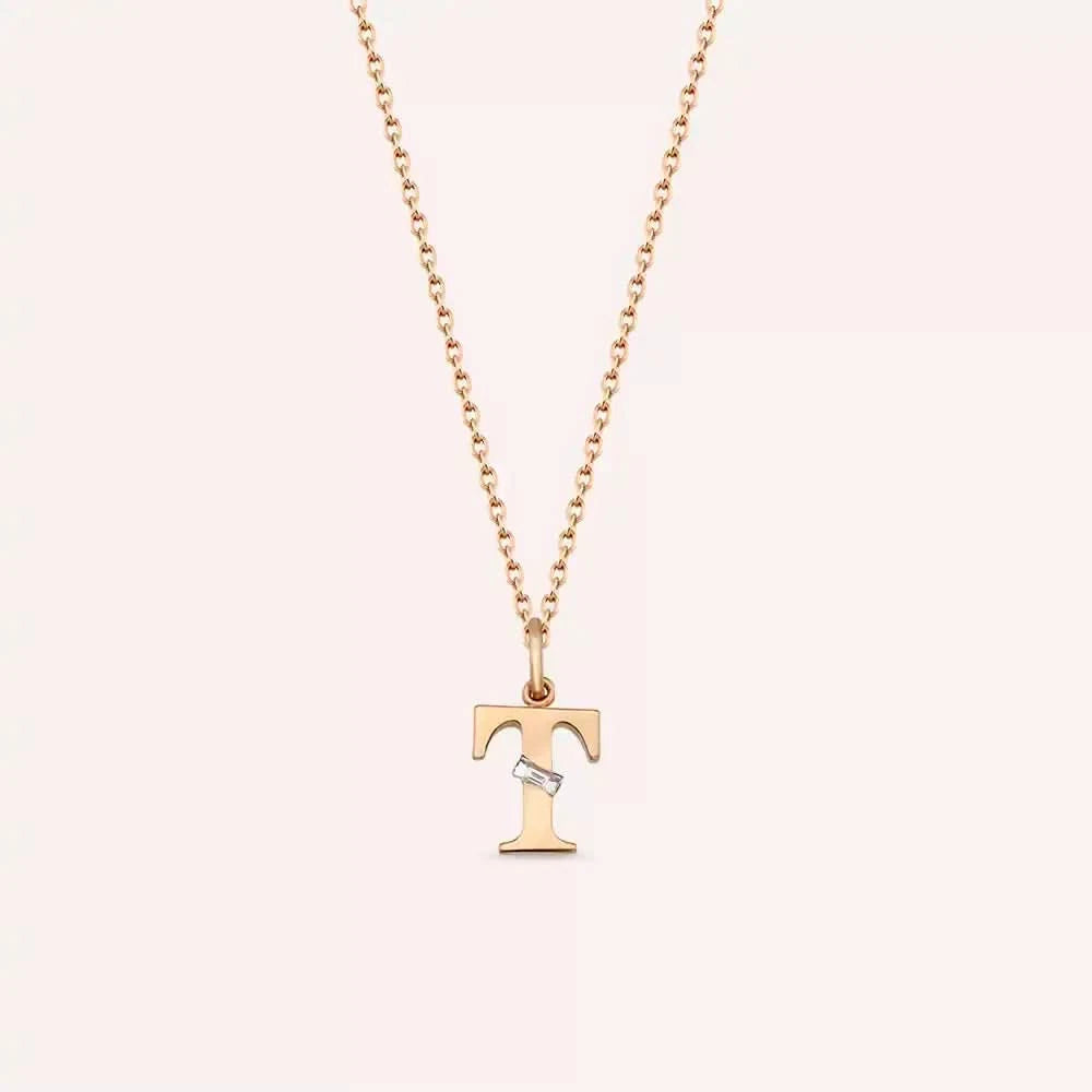 T Harf Pırlanta Taşlı Rose Altın Kolye