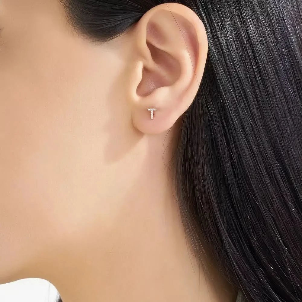 T Harf Pırlanta Taşlı Rose Altın Tek Küpe