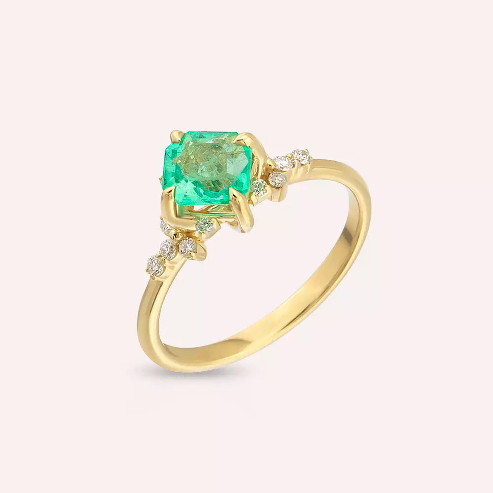 Talia 0.98 CT Zümrüt ve Pırlanta Taşlı Sarı Altın Yüzük