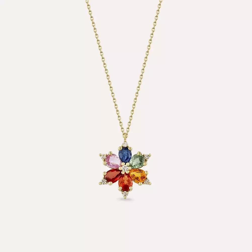 Talia Multicolor Safir ve Pırlanta Taşlı Sarı Altın Kolye