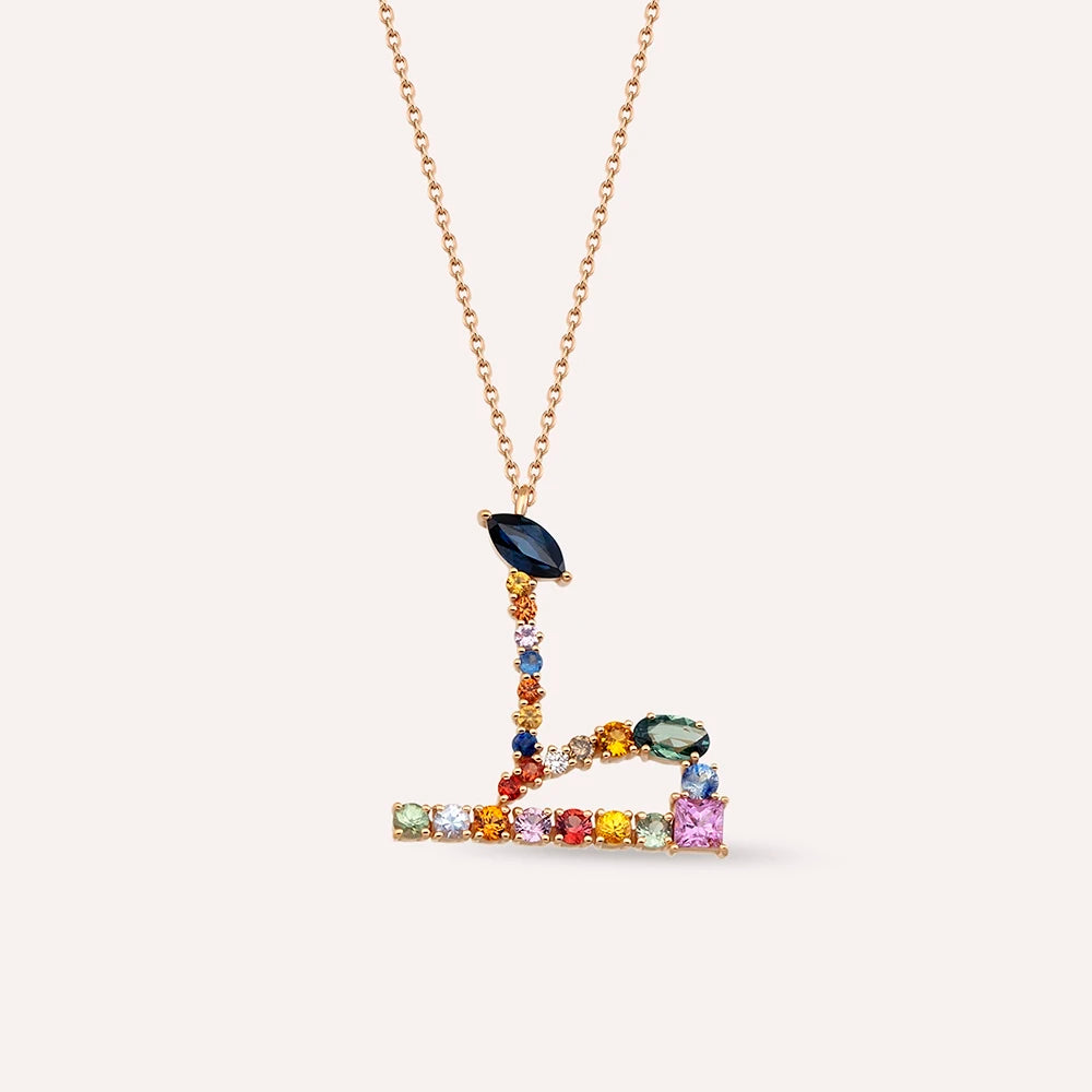 ط Tı Harf 1.48 CT Pırlanta ve Multicolor Safir Taşlı Rose Altın Kolye
