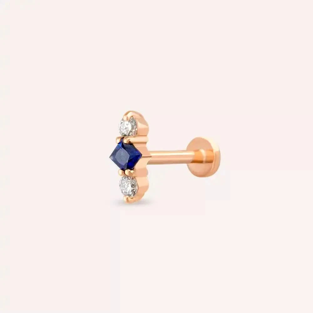 Tress Blue Safir ve Pırlanta Taşlı Rose Altın Piercing