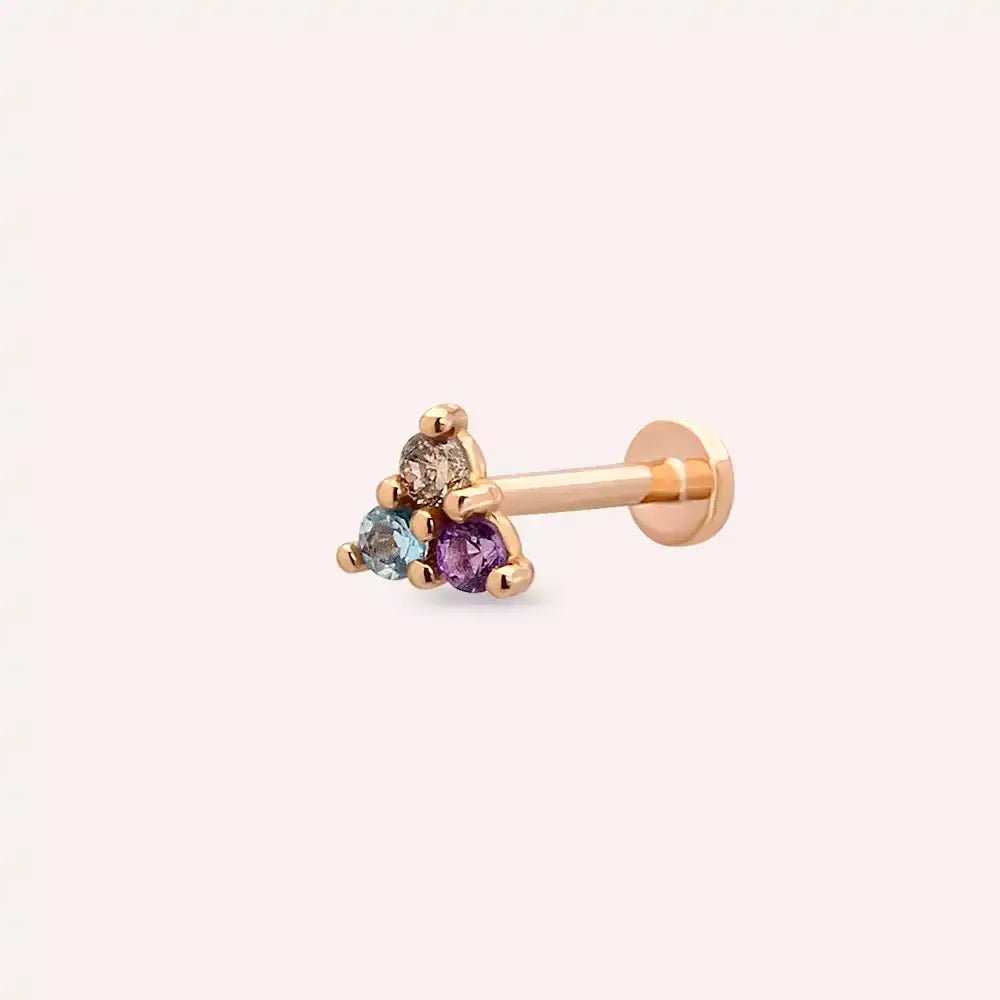 Triangle Ametist ve Aquamarin Taşlı Rose Altın Piercing
