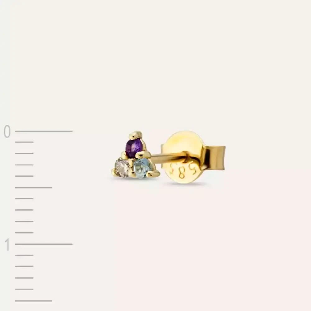 Triangle Brown Pırlanta, Ametist ve Aquamarin Taşlı Sarı Altın Tek Küpe