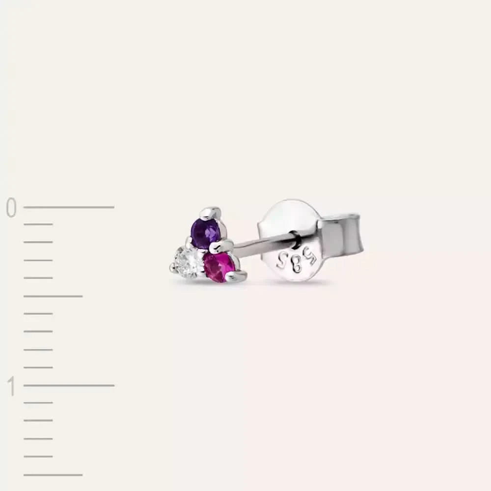 Triangle Pırlanta, Ametist ve Yakut Taşlı Beyaz Altın Mini Tek Küpe