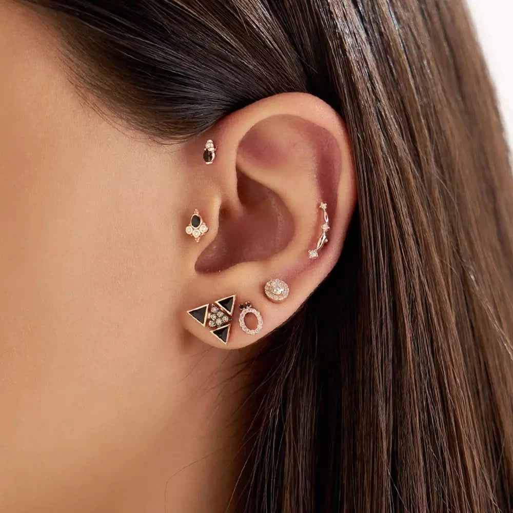 Trigon Brown Pırlanta Taşlı ve Siyah Mineli Rose Altın Küpe