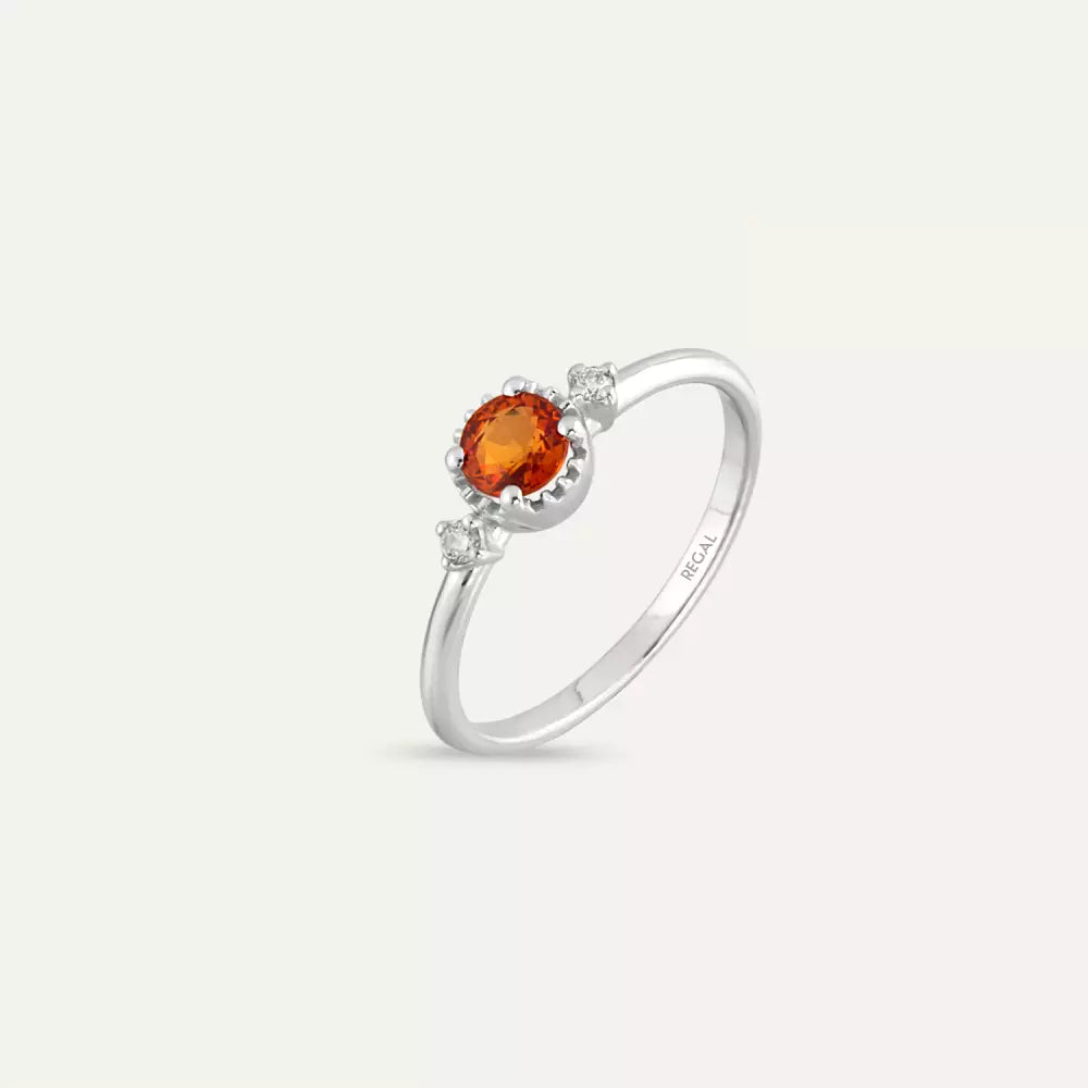 Trine Pırlanta ve Orange Safir Taşlı Beyaz Altın Yüzük