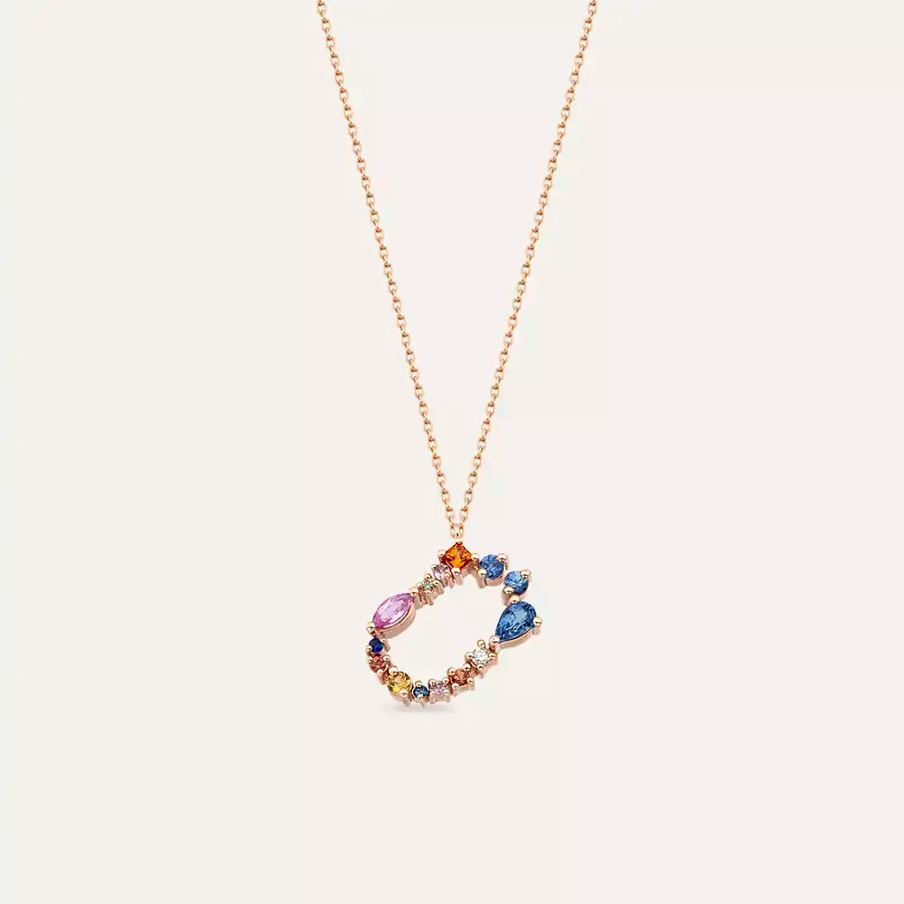 Ü Harf Multicolor Safir ve Pırlanta Taşlı Rose Altın Kolye
