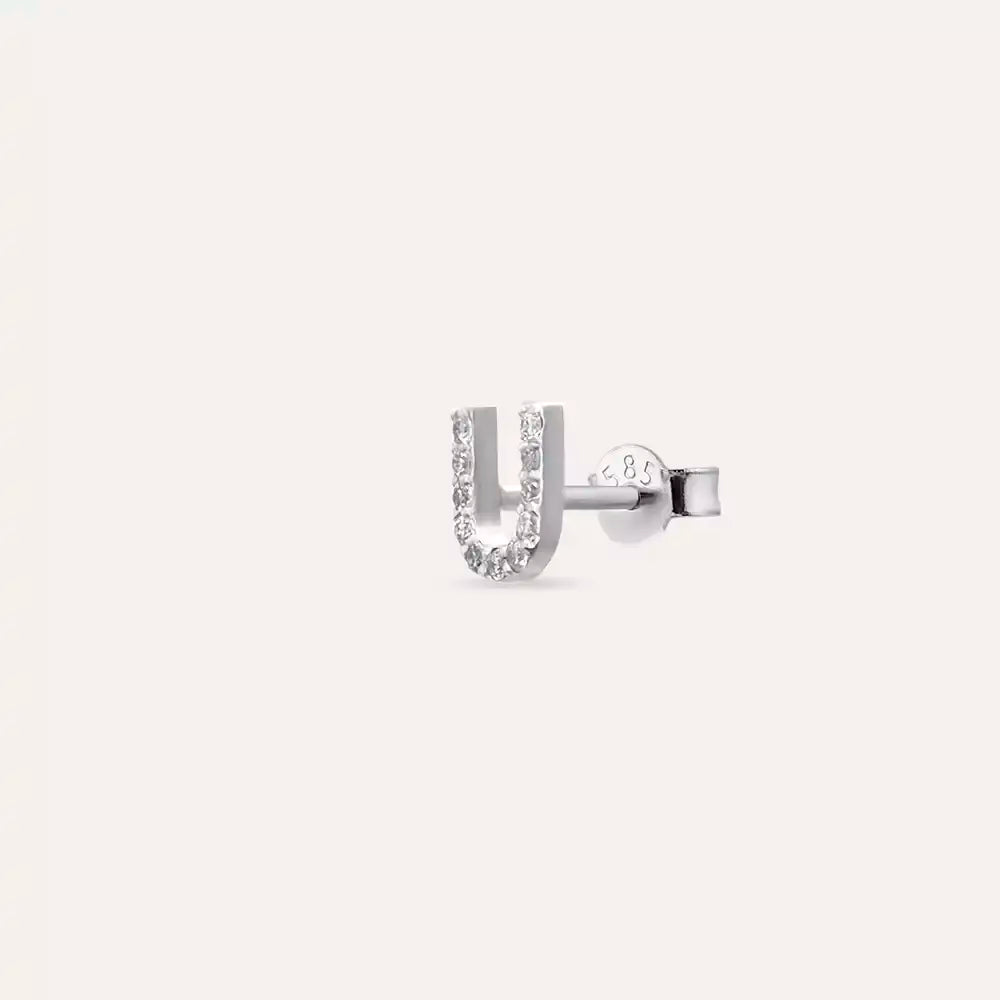 U Harf Pırlanta Taşlı Beyaz Altın Tek Küpe