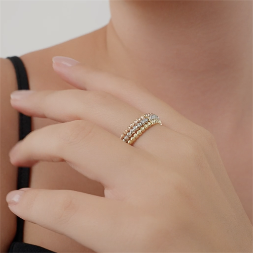 Üç Sıra Top Top Altın Yarımtur Yüzük