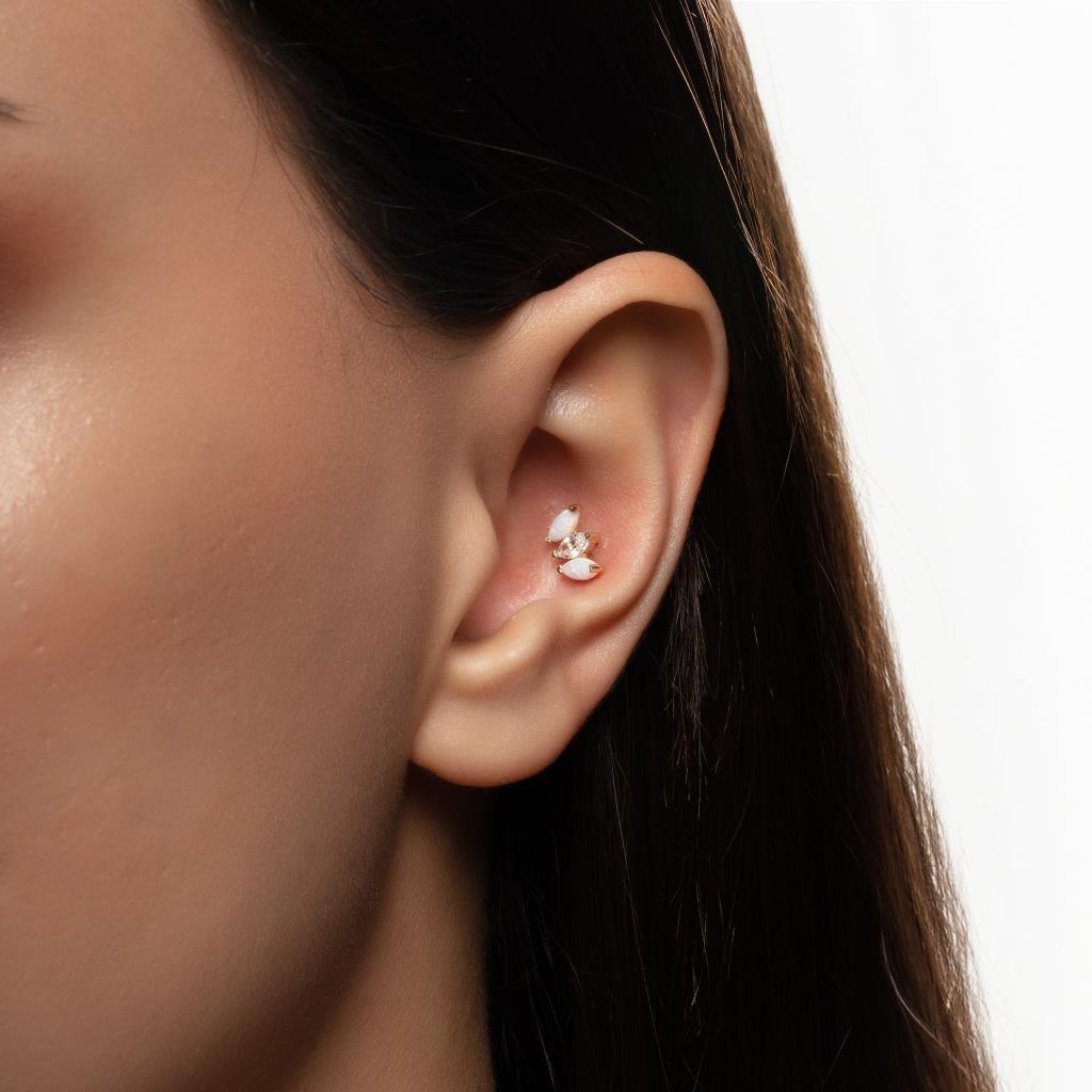 Üçlü Markiz Kesim Opalit ve Zirkon Taşlı Altın Tragus Piercing