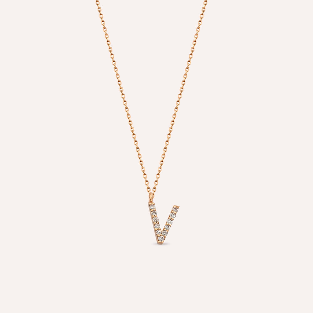 V Harf 0.08 CT Pırlanta Taşlı Rose Altın Kolye