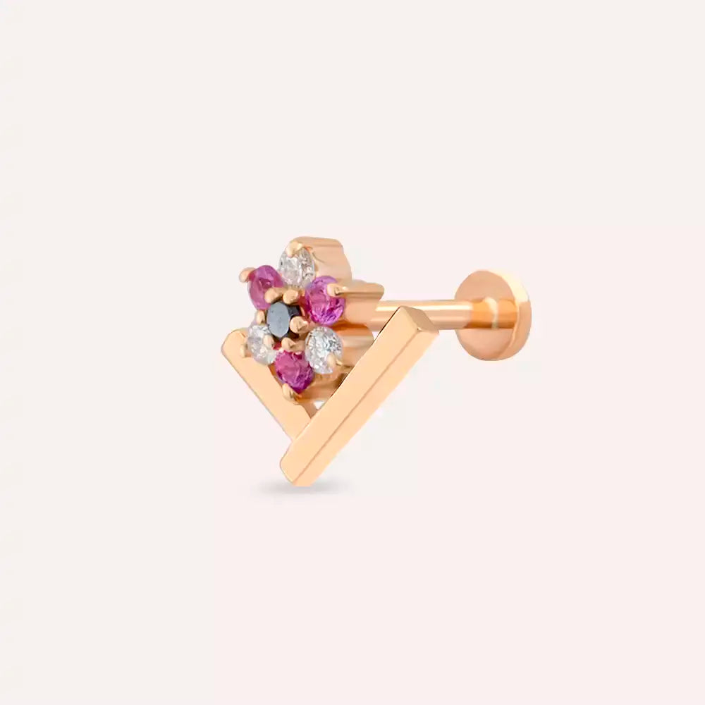 Vela Pırlanta ve Multicolor Safir Taşlı Rose Altın Piercing