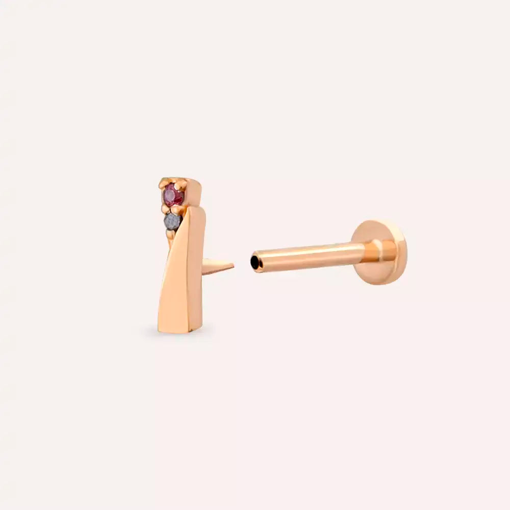 Vina Red Safir ve Siyah Pırlanta Taşlı Rose Altın Piercing