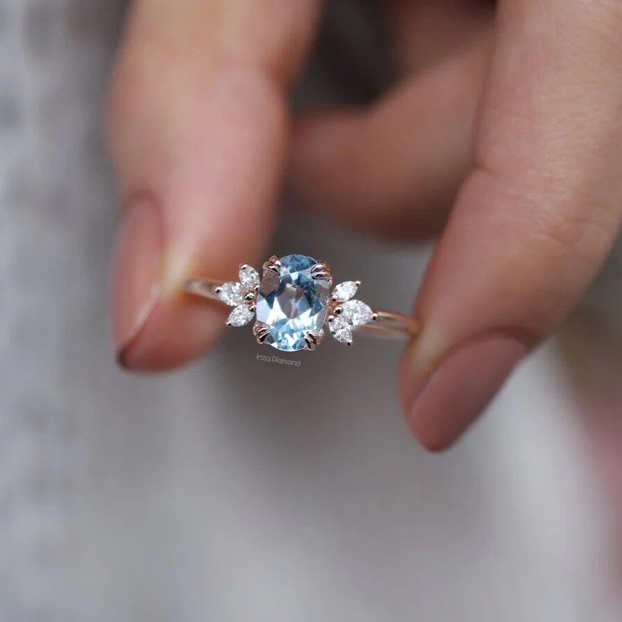 Vintage Lotus Aquamarine & Pırlanta Yüzük