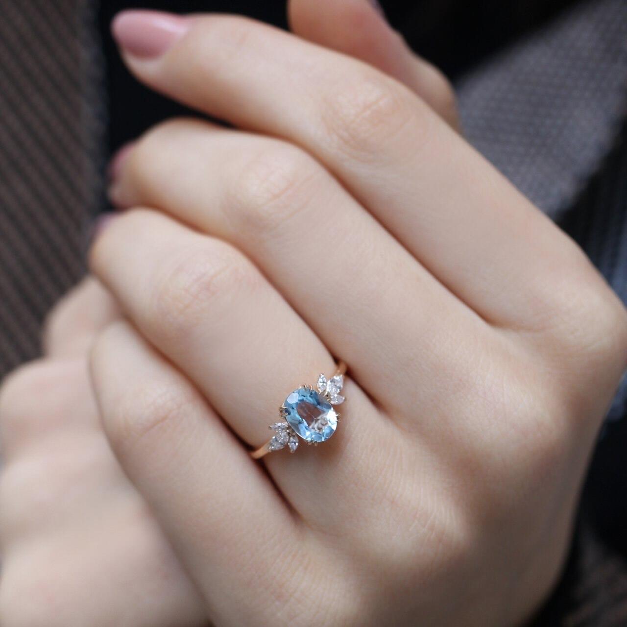 Vintage Lotus Aquamarine & Pırlanta Yüzük